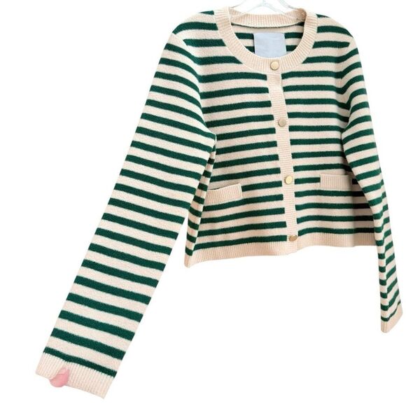 ANTHROPOLOGIE NVLT Size Medium Striped Sweater Lady Jacket Cardigan Green Ivory - Picture 8 of 12
